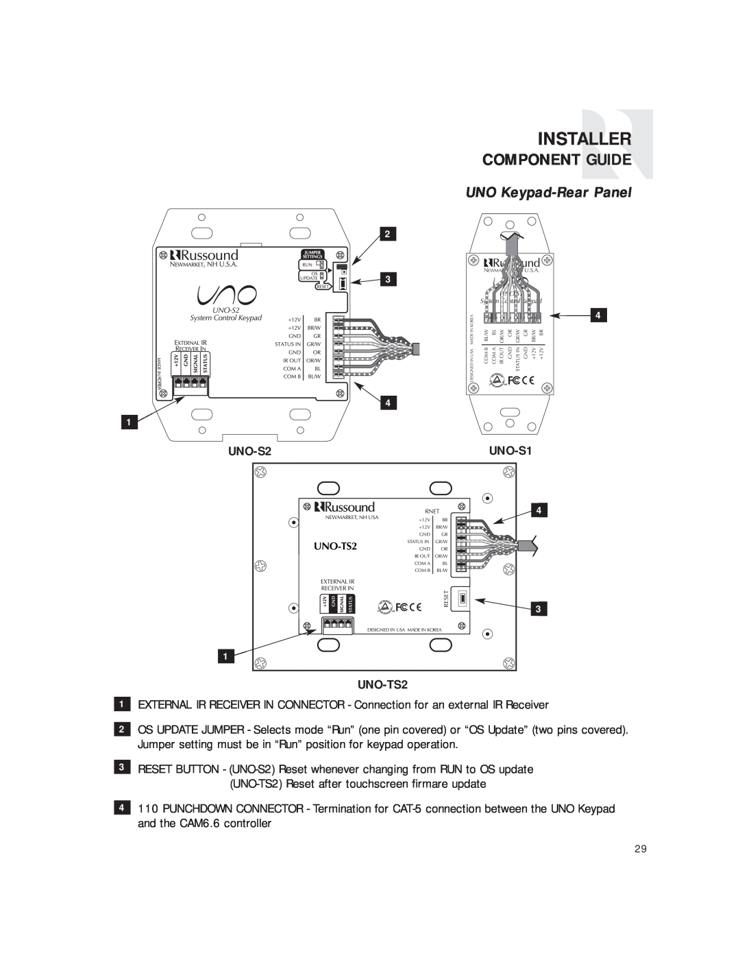 Russound CAM6.6T instruction manual UNO Keypad-RearPanel, UNO-S2, UNO-S1, UNO-TS2, Installer, Component Guide 