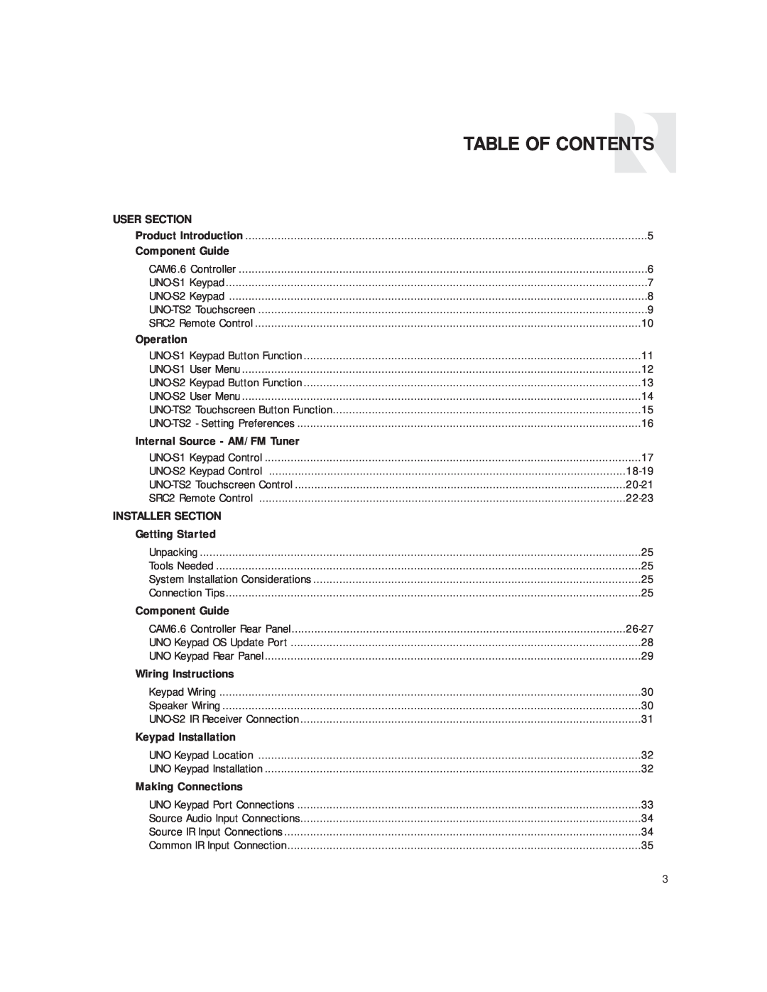 Russound CAM6.6T Table Of Contents, User Section, Component Guide, Operation, Internal Source - AM/FM Tuner 