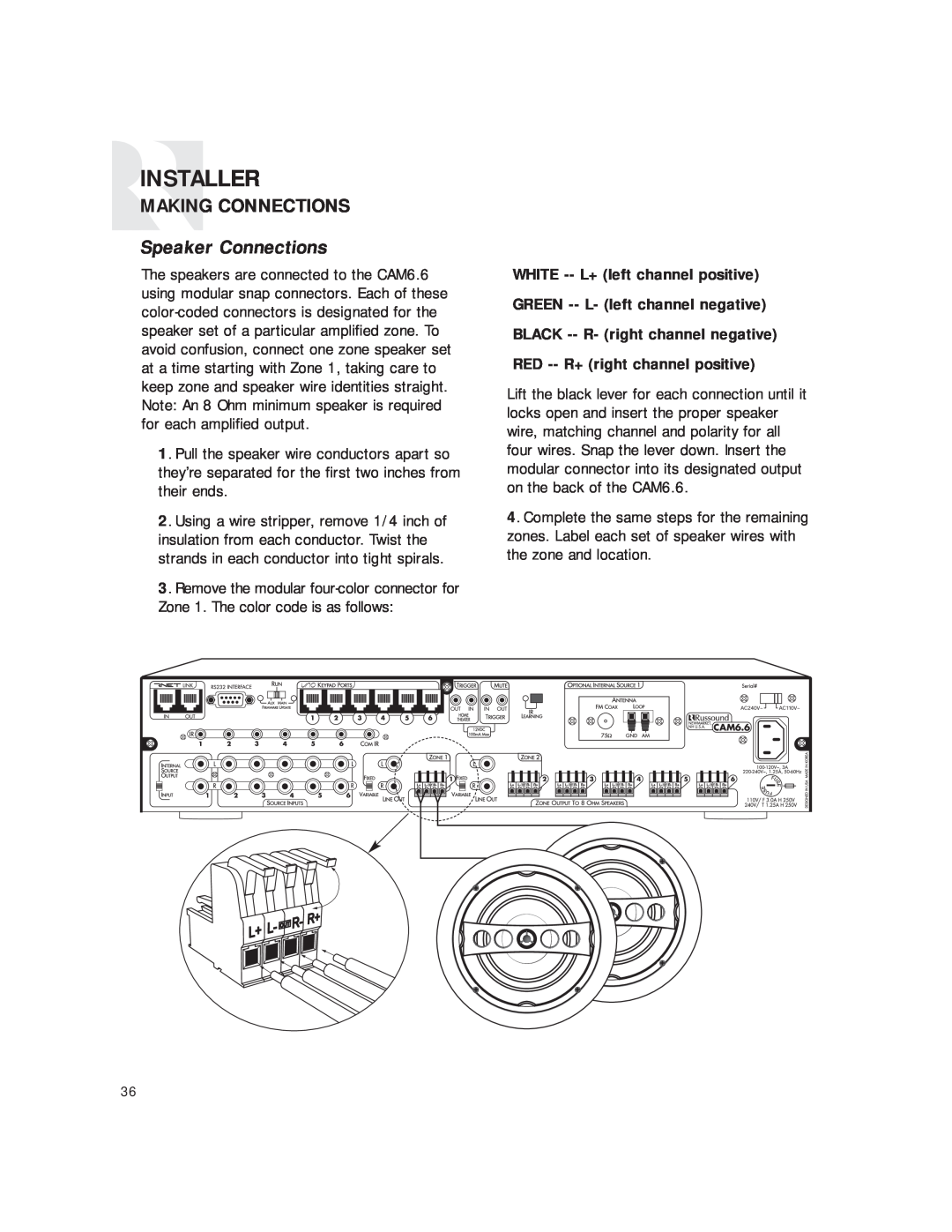 Russound CAM6.6T instruction manual Speaker Connections, Installer, Making Connections 