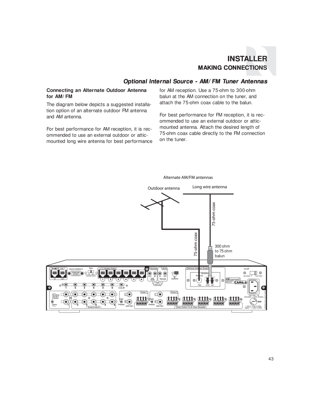 Russound CAM6.6T instruction manual Connecting an Alternate Outdoor Antenna for AM/FM, Installer, Making Connections 