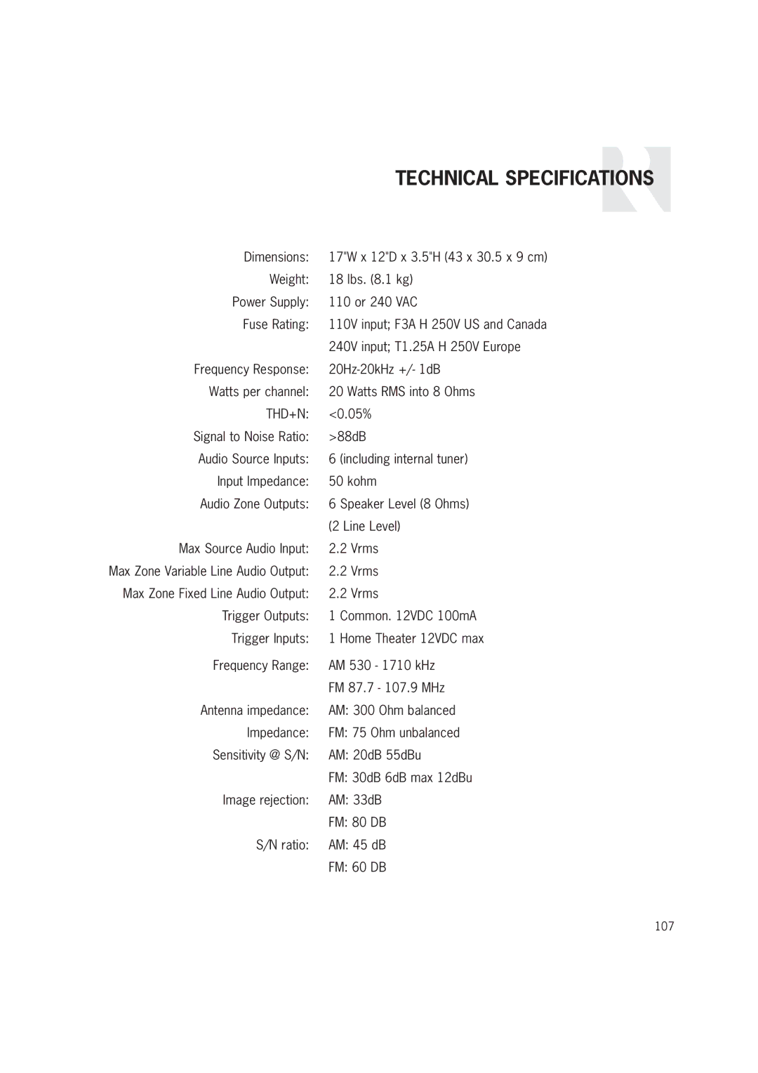 Russound CAM6.6T-S1 instruction manual Technical Specifications 