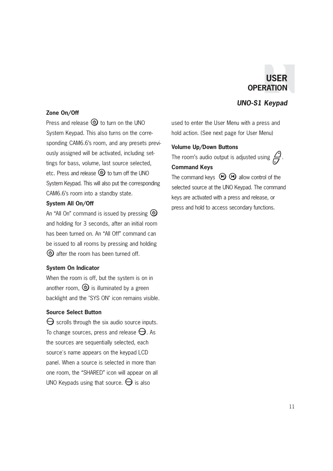 Russound CAM6.6T-S1 instruction manual Operation 