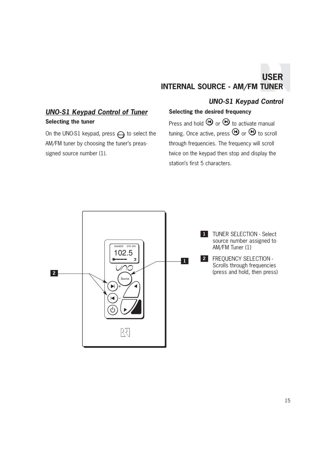 Russound CAM6.6T-S1 instruction manual Internal Source AM/FM Tuner, UNO-S1 Keypad Control of Tuner, Selecting the tuner 