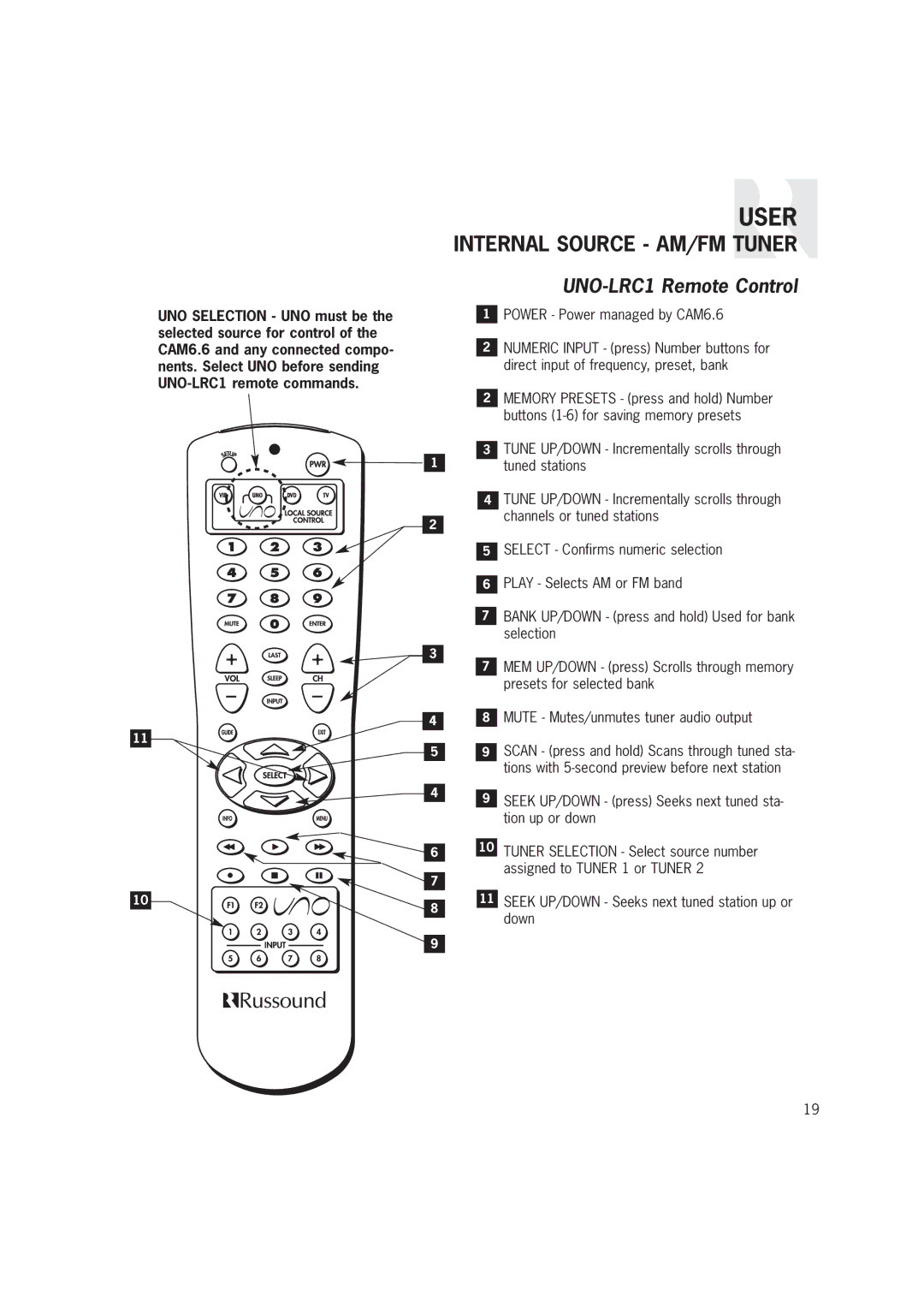 Russound CAM6.6T-S1 instruction manual Seek UP/DOWN press Seeks next tuned sta- tion up or down 