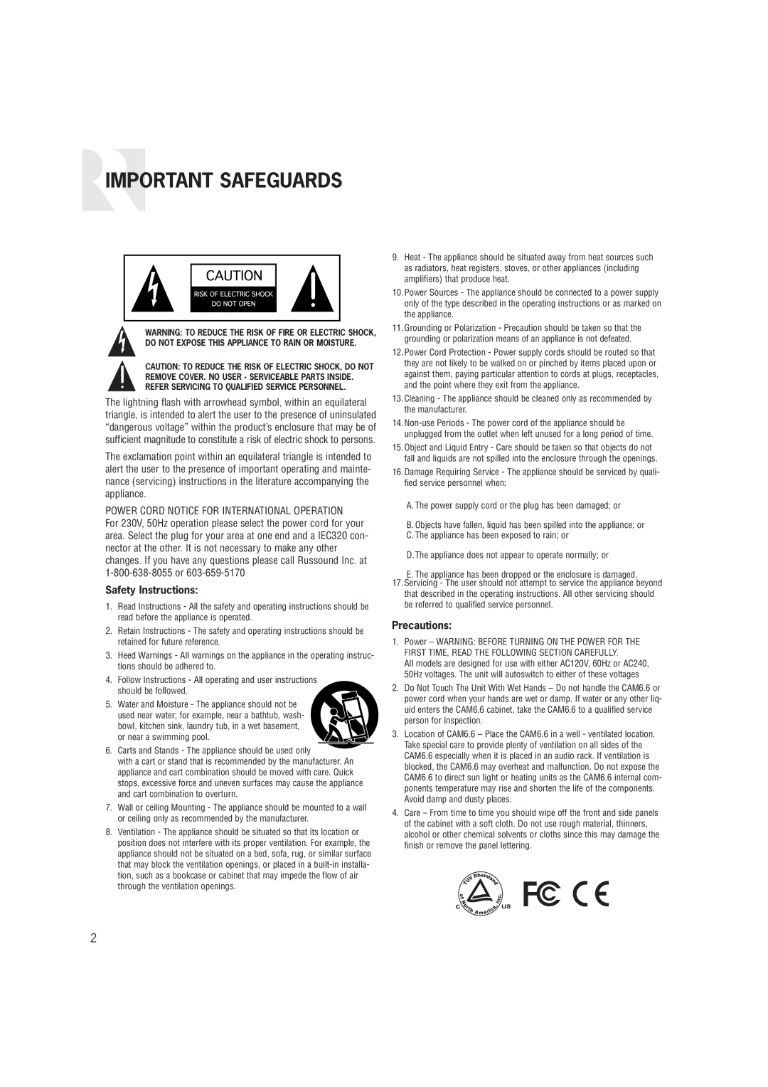 Russound CAM6.6T-S1 instruction manual Important Safeguards 