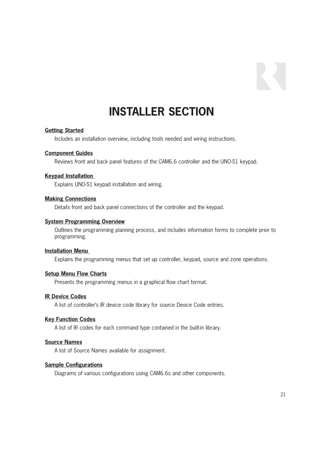 Russound CAM6.6T-S1 System Programming Overview, Installation Menu, Setup Menu Flow Charts, IR Device Codes, Source Names 