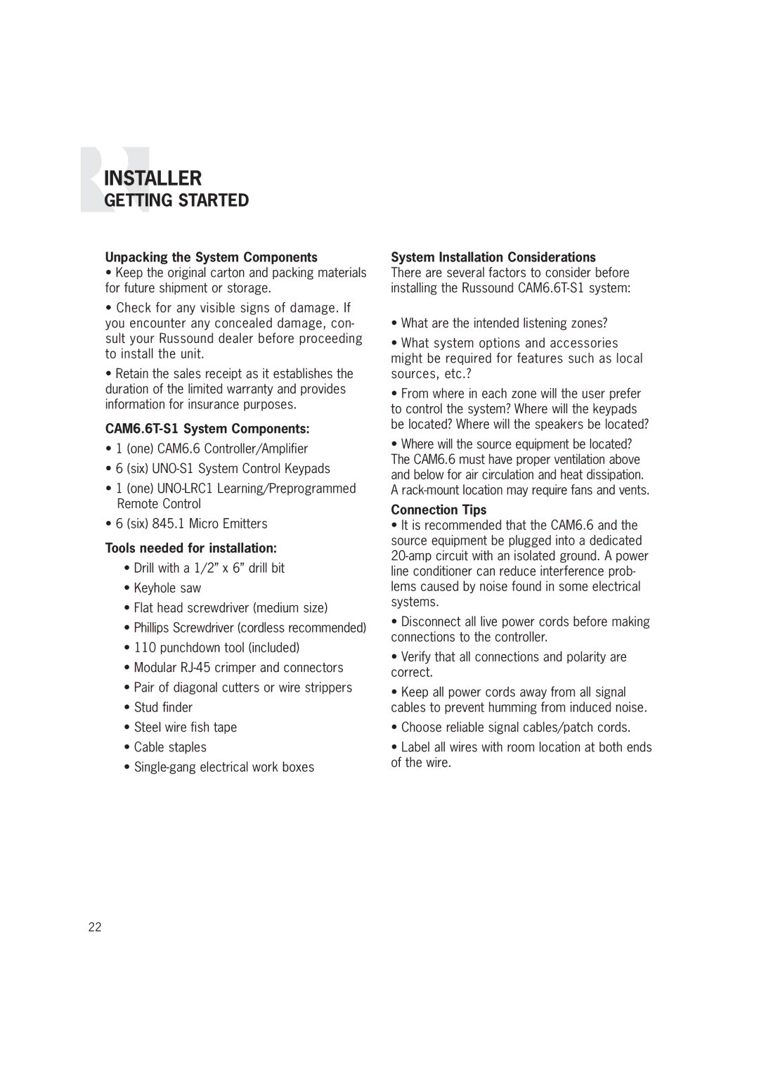 Russound Getting Started, Unpacking the System Components, CAM6.6T-S1 System Components, Tools needed for installation 