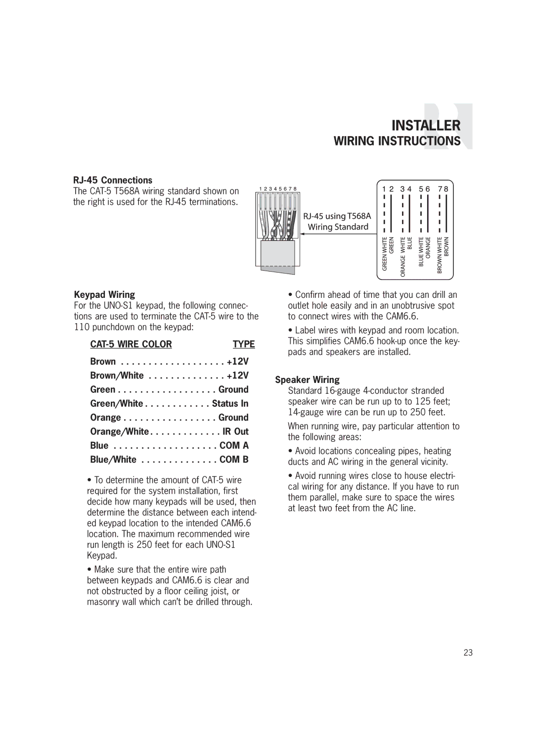 Russound CAM6.6T-S1 Wiring Instructions, RJ-45 Connections, Keypad Wiring, CAT-5 Wire Color Type, Speaker Wiring 