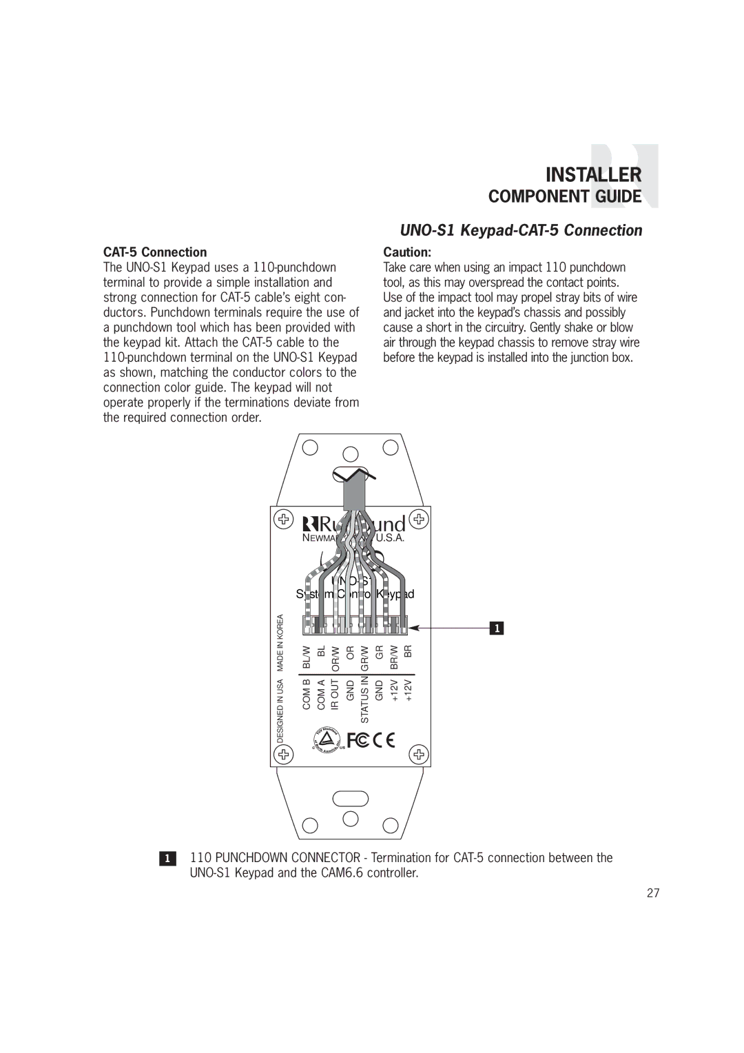 Russound CAM6.6T-S1 instruction manual UNO-S1 Keypad-CAT-5 Connection 