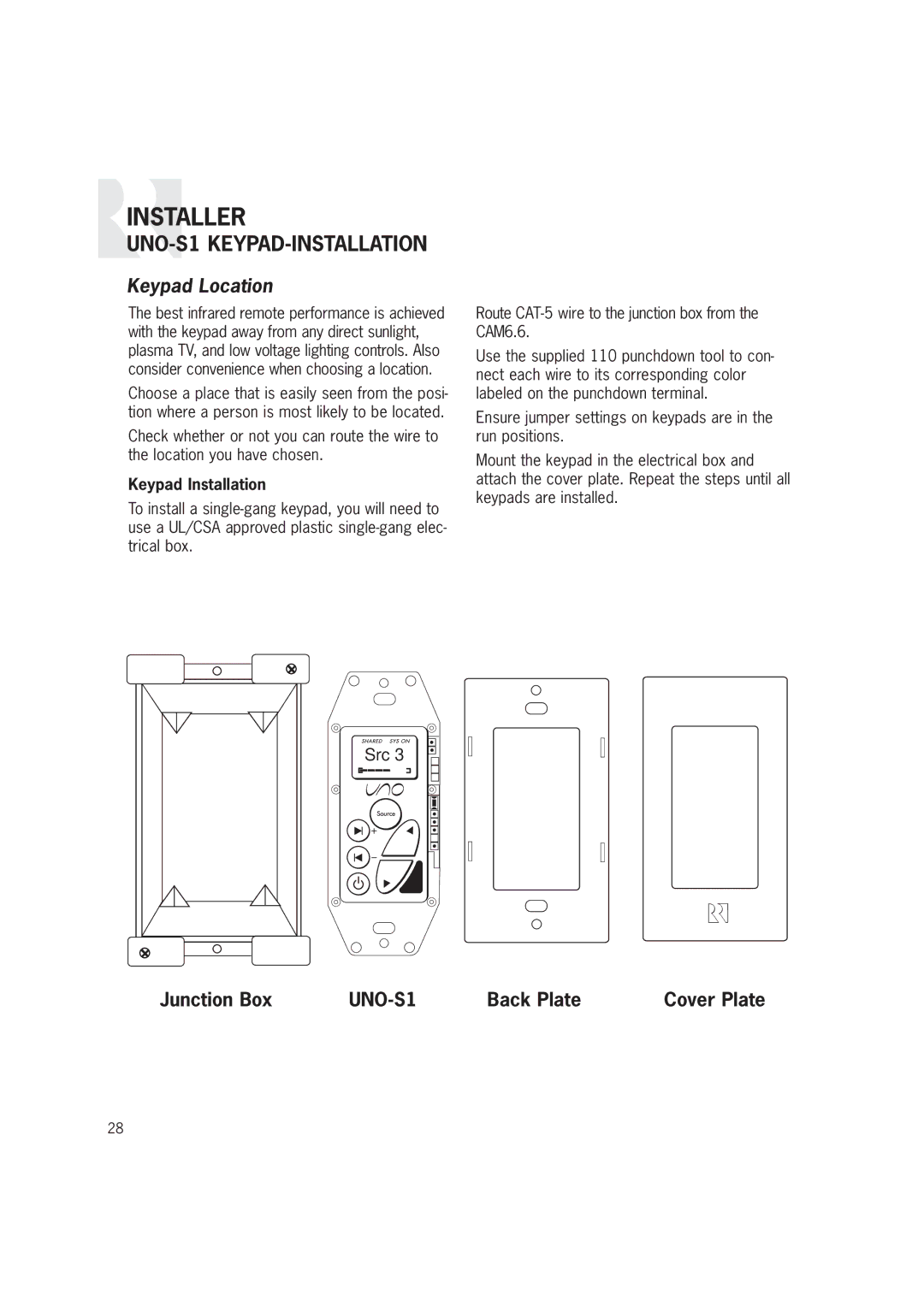 Russound CAM6.6T-S1 instruction manual UNO-S1 KEYPAD-INSTALLATION, Keypad Location 