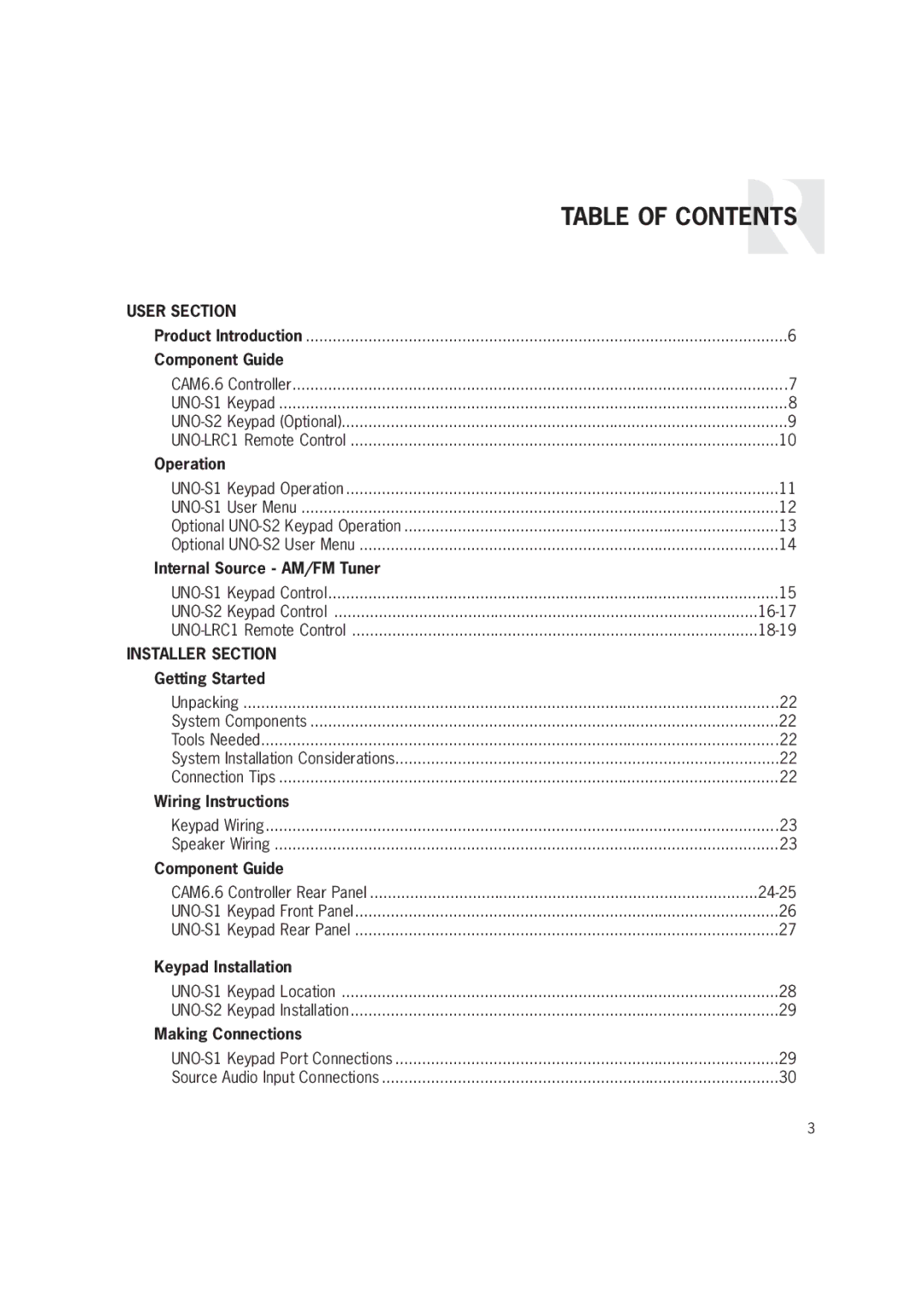 Russound CAM6.6T-S1 instruction manual Table of Contents 