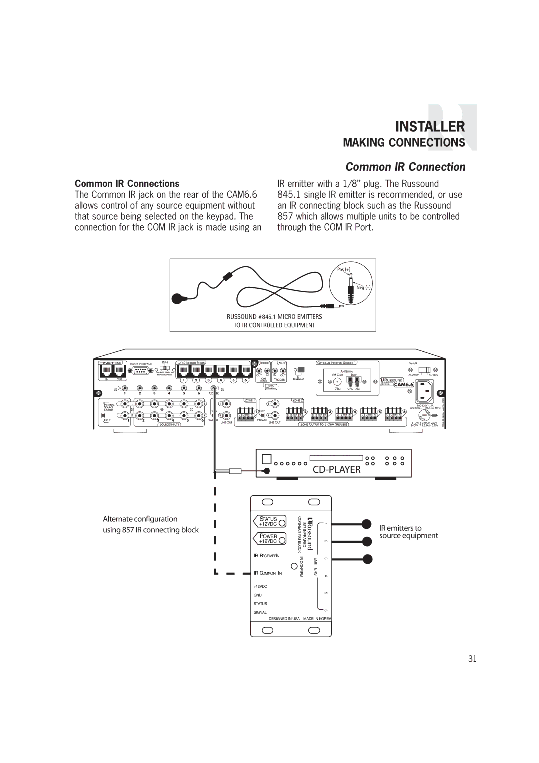 Russound CAM6.6T-S1 instruction manual Common IR Connections 