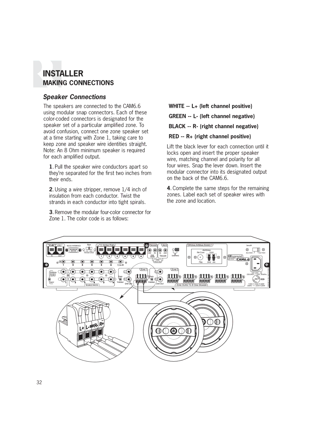 Russound CAM6.6T-S1 instruction manual Speaker Connections 