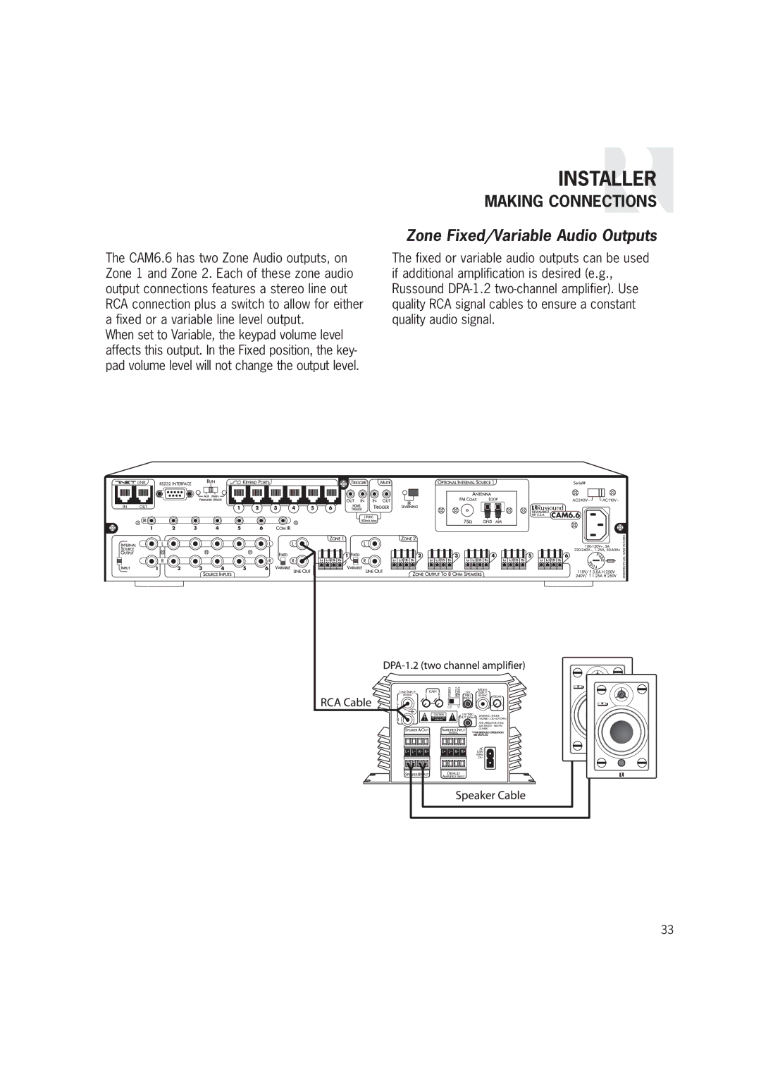 Russound CAM6.6T-S1 instruction manual Zone Fixed/Variable Audio Outputs 