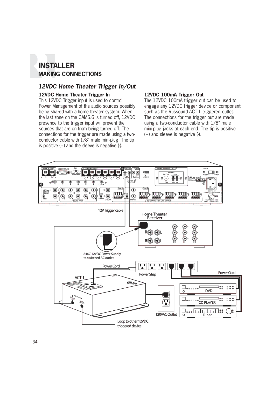 Russound CAM6.6T-S1 instruction manual 12VDC Home Theater Trigger In/Out, 12VDC 100mA Trigger Out 