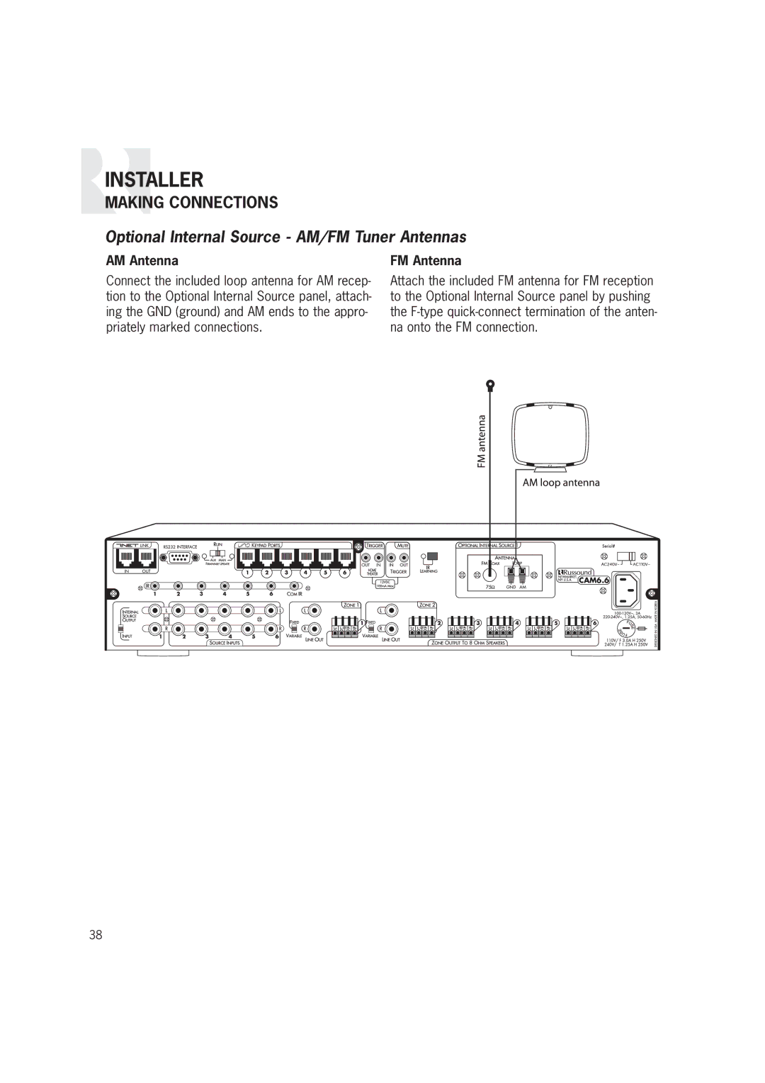 Russound CAM6.6T-S1 instruction manual Optional Internal Source AM/FM Tuner Antennas, AM Antenna, FM Antenna 