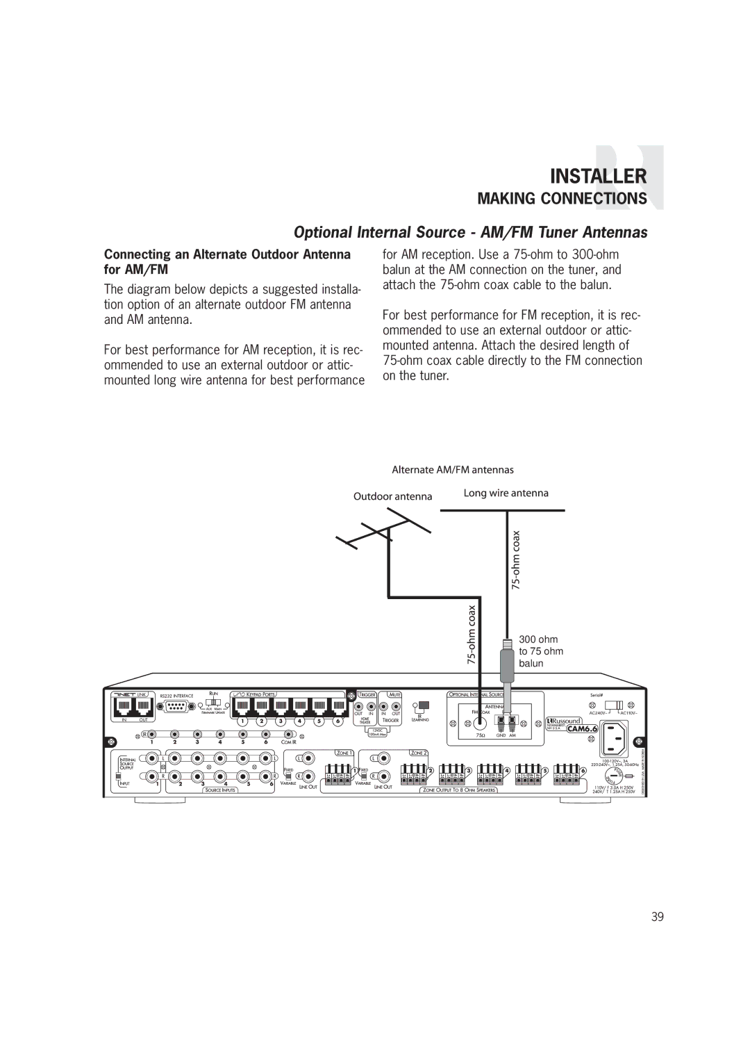 Russound CAM6.6T-S1 instruction manual Connecting an Alternate Outdoor Antenna for AM/FM 