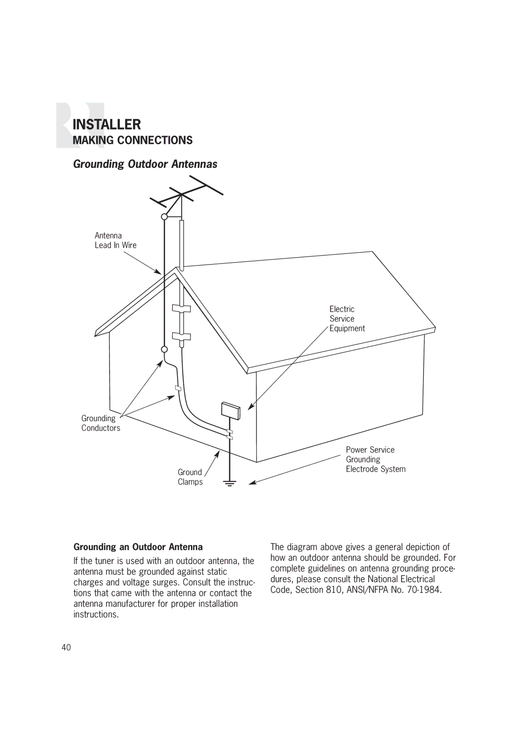 Russound CAM6.6T-S1 instruction manual Grounding Outdoor Antennas, Grounding an Outdoor Antenna 