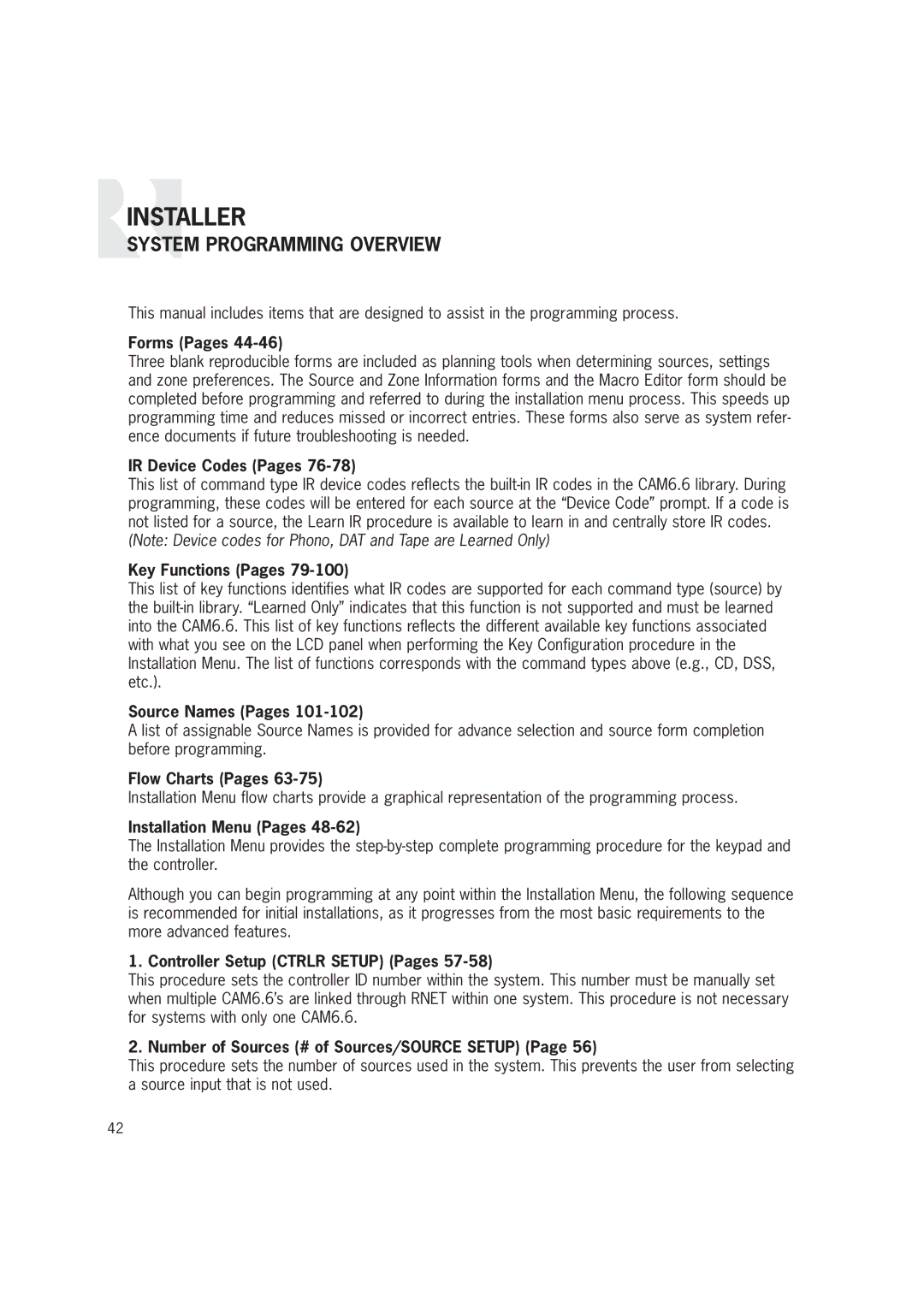 Russound CAM6.6T-S1 Forms Pages, IR Device Codes Pages, Key Functions Pages, Source Names Pages, Flow Charts Pages 
