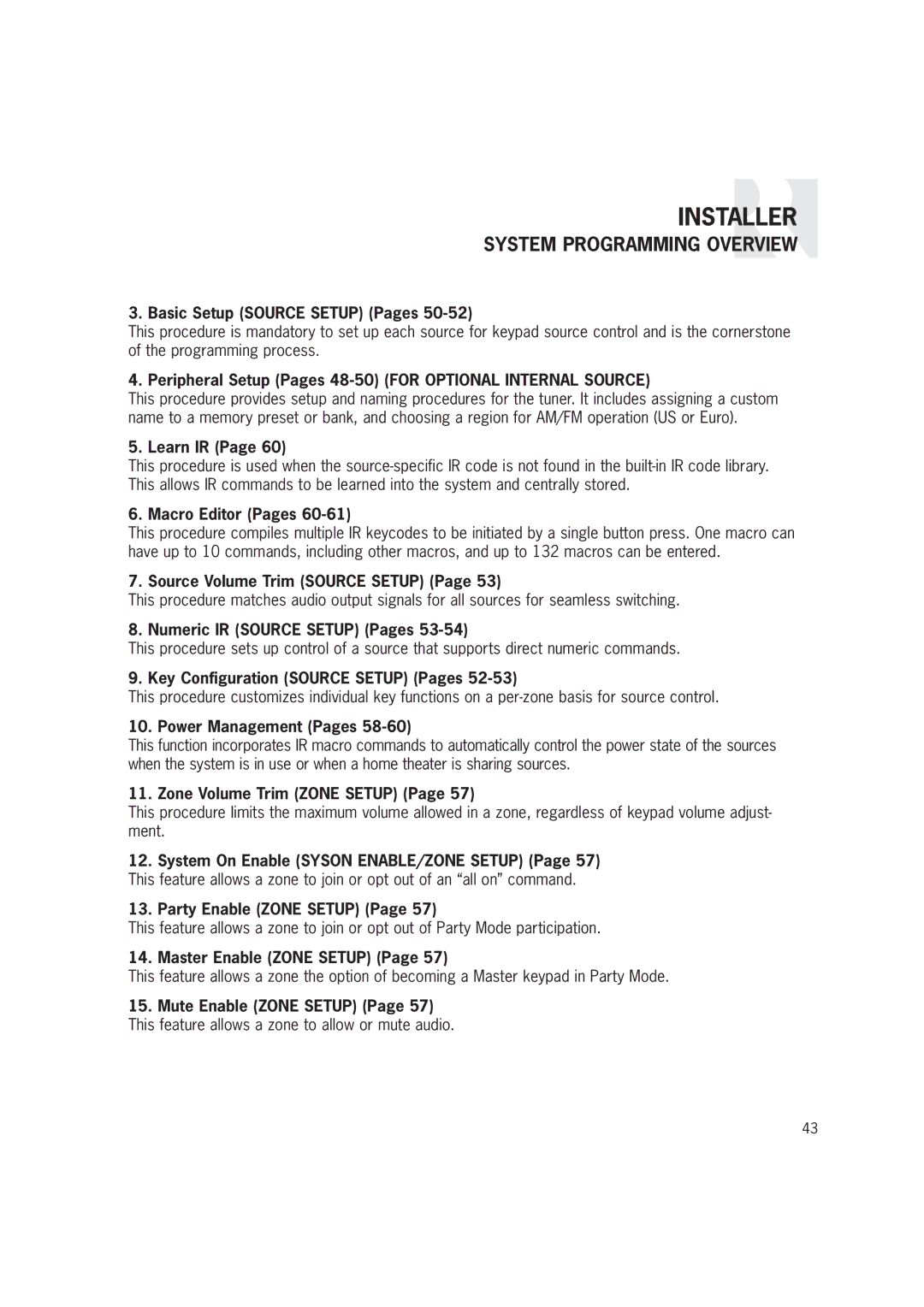 Russound CAM6.6T-S1 Basic Setup Source Setup Pages, Peripheral Setup Pages 48-50 for Optional Internal Source, Learn IR 