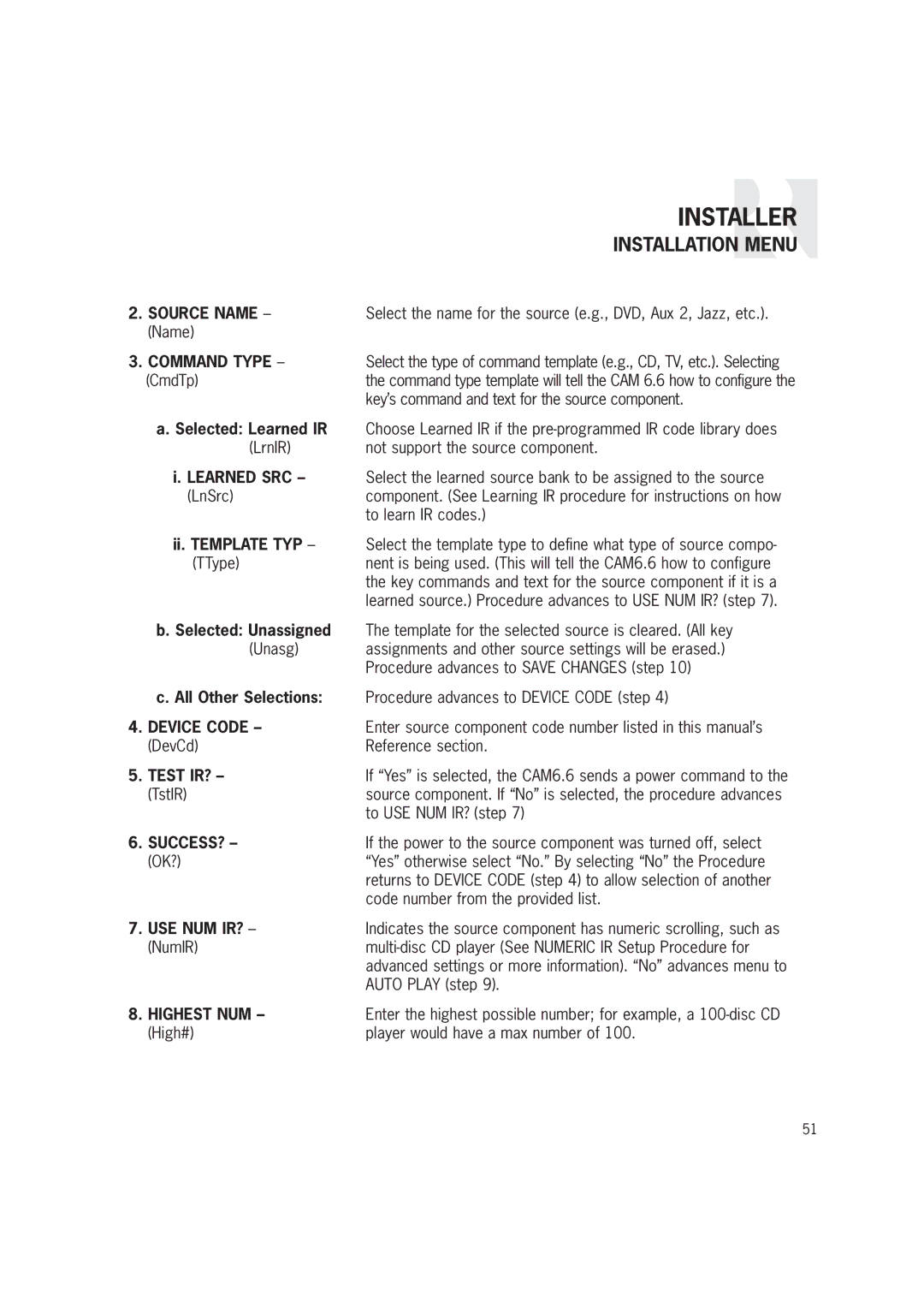 Russound CAM6.6T-S1 instruction manual Source Name, Command Type, Device Code, Success?, Highest NUM 