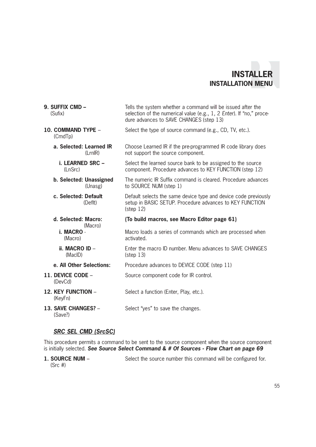 Russound CAM6.6T-S1 instruction manual SRC SEL CMD SrcSC, Suffix CMD 