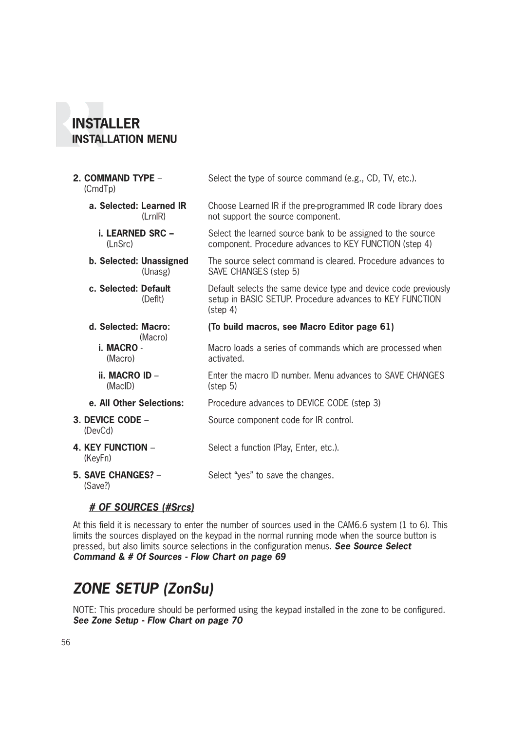 Russound CAM6.6T-S1 instruction manual Zone Setup ZonSu 