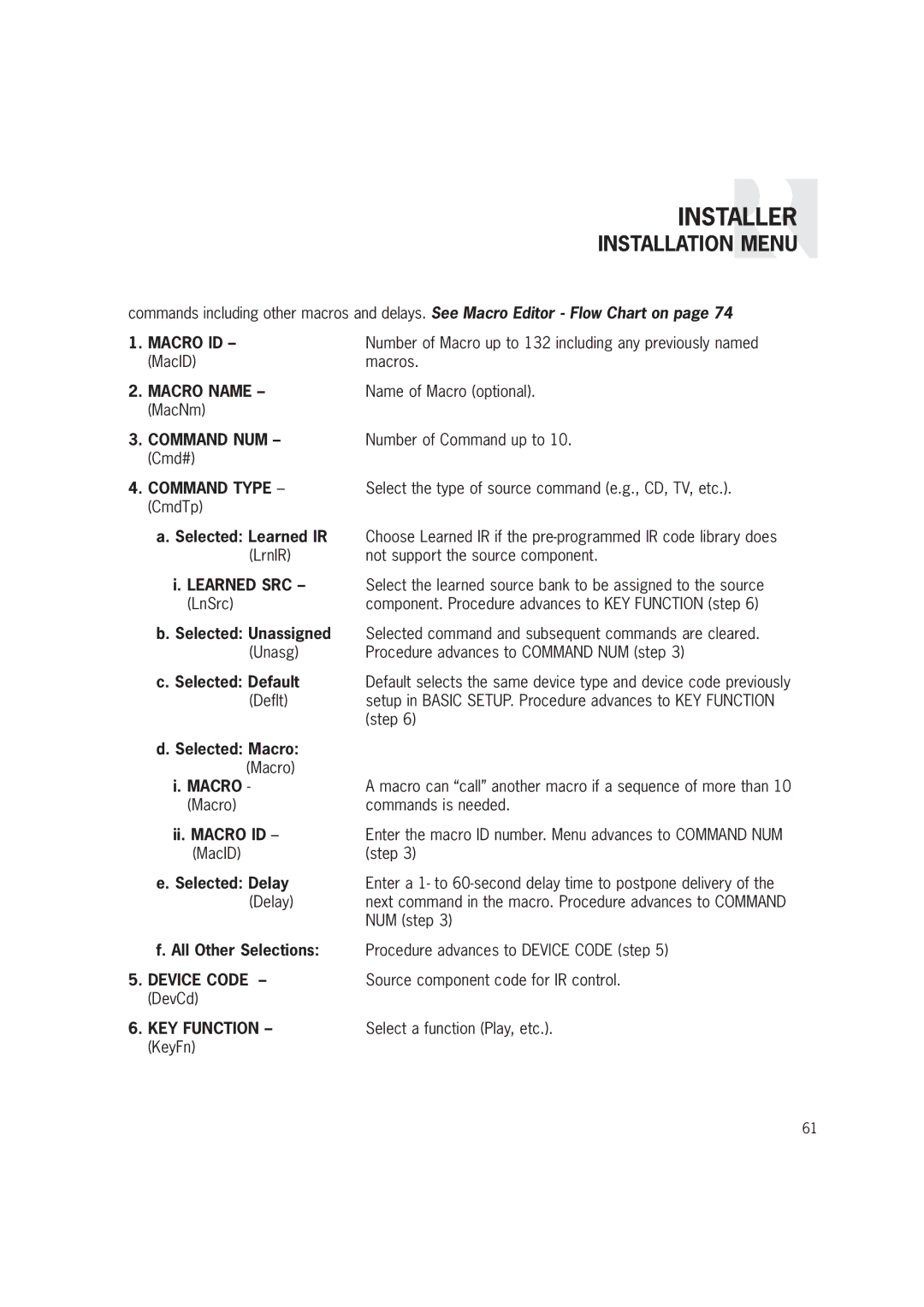 Russound CAM6.6T-S1 instruction manual Macro ID, Macro Name, Command NUM, Selected Macro, Selected Delay 