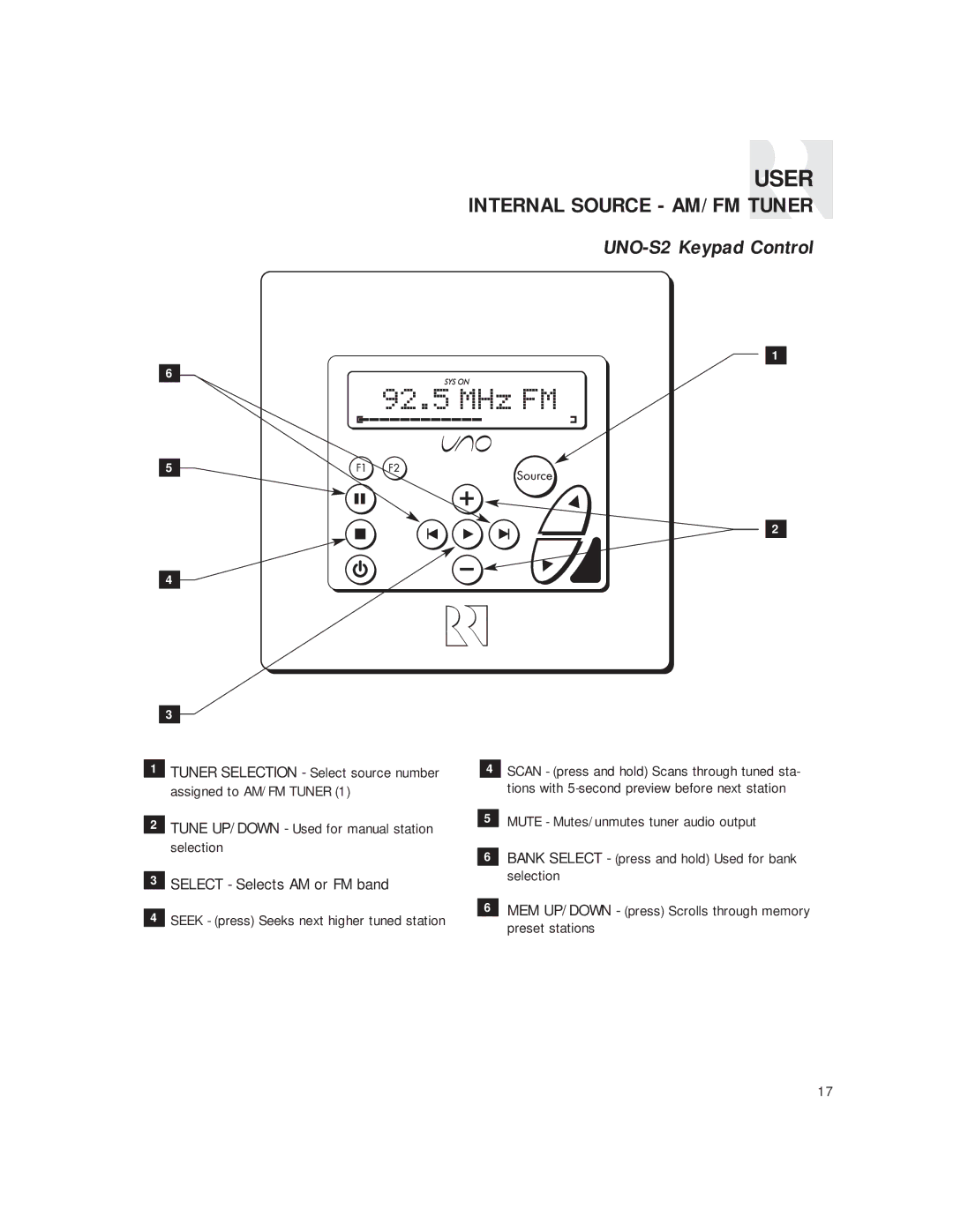 Russound CAM6.6T-S1 instruction manual MHz FM, UNO-S2 Keypad Control 