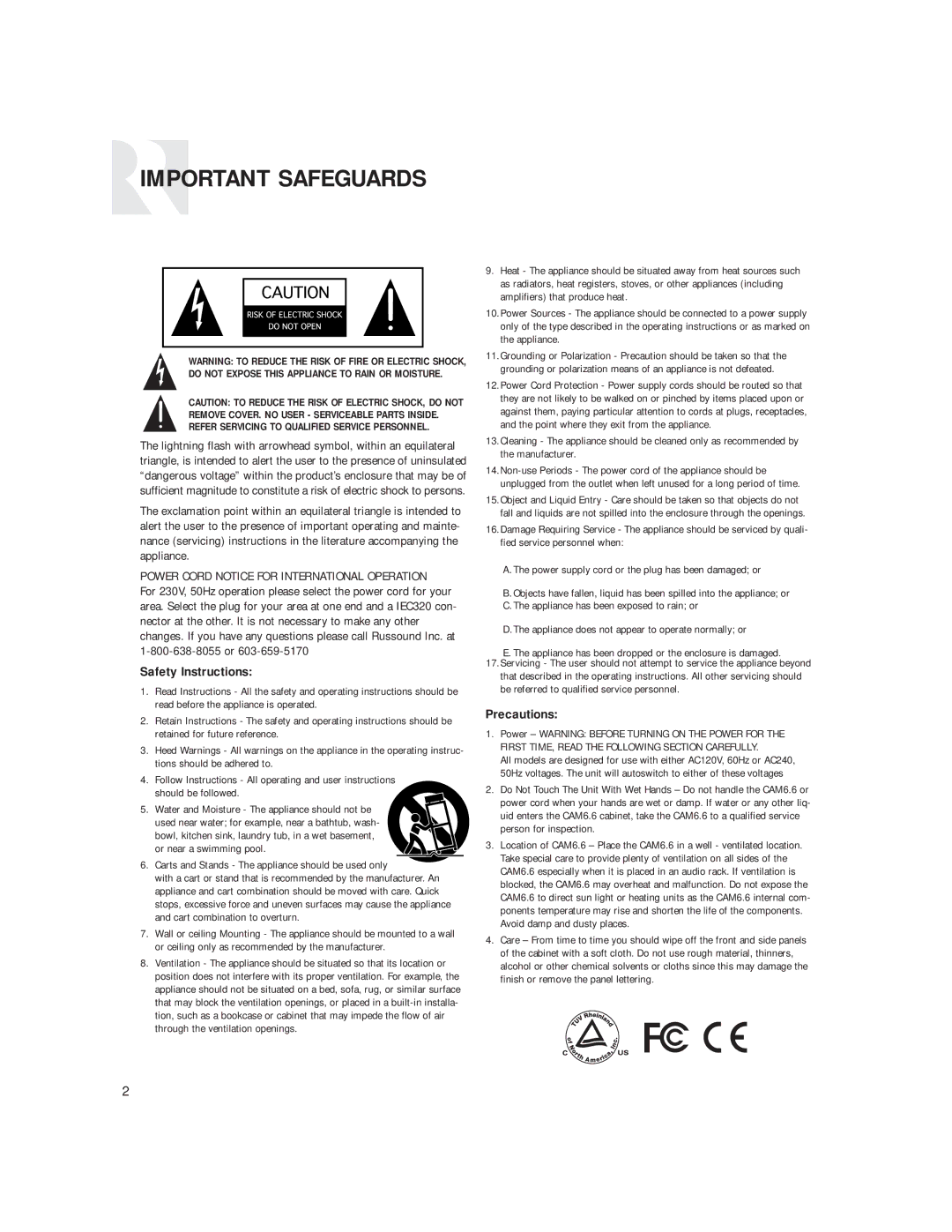 Russound CAM6.6T-S1 instruction manual Important Safeguards 