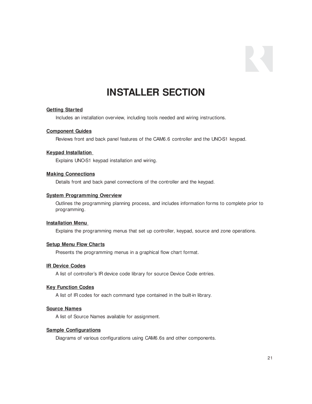 Russound CAM6.6T-S1 System Programming Overview, Installation Menu, Setup Menu Flow Charts, IR Device Codes, Source Names 