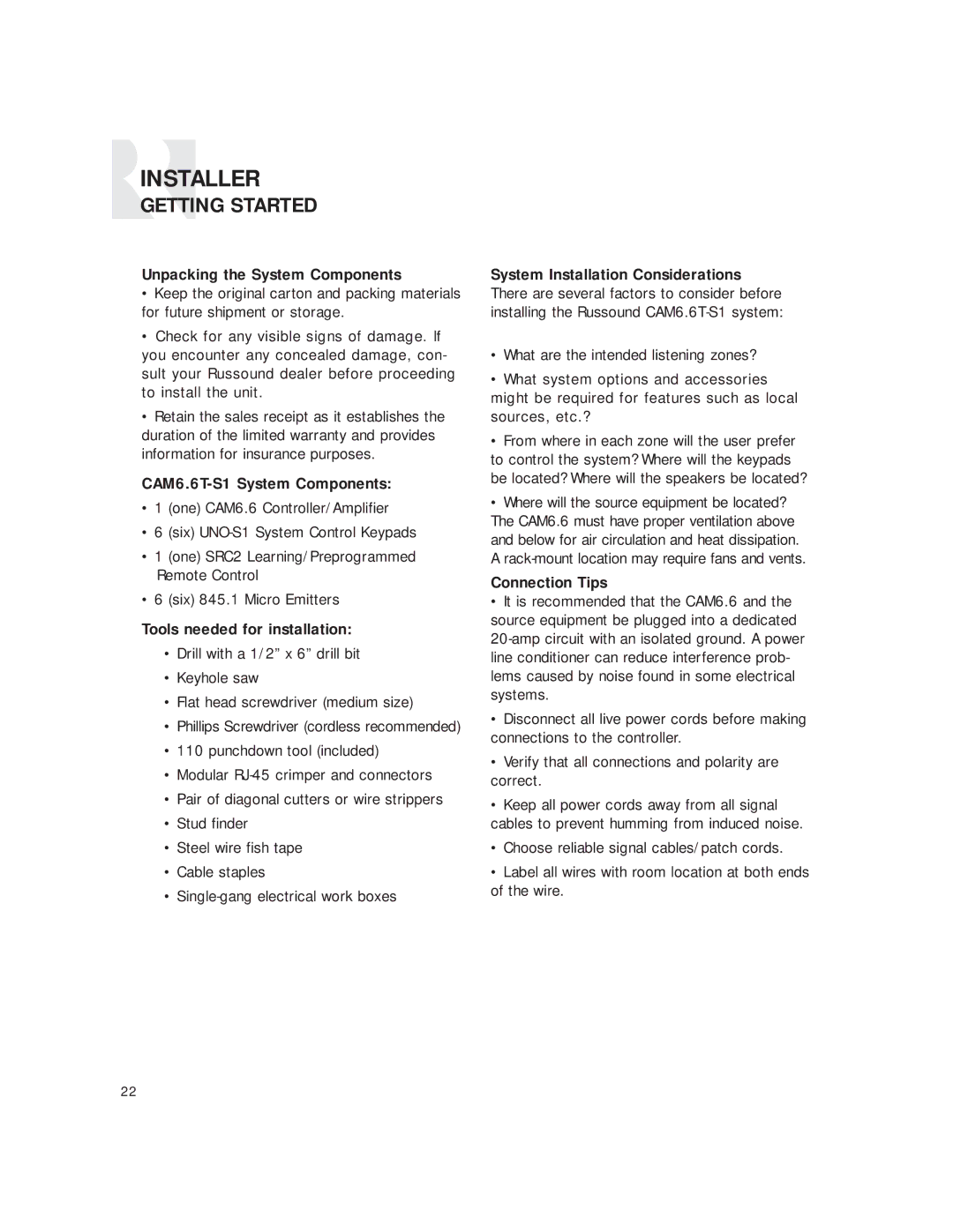 Russound Getting Started, Unpacking the System Components, CAM6.6T-S1 System Components, Tools needed for installation 