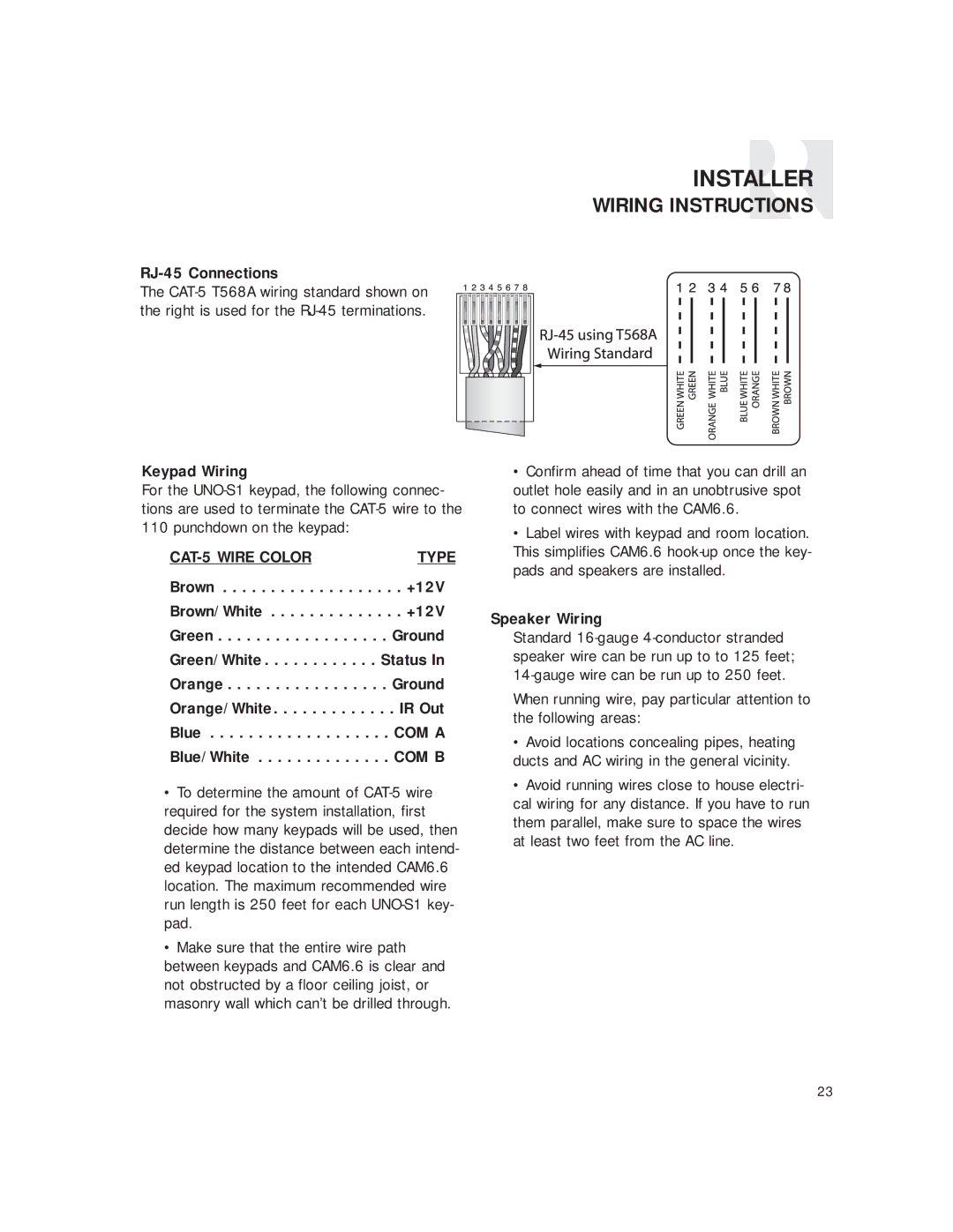 Russound CAM6.6T-S1 Wiring Instructions, RJ-45 Connections, Keypad Wiring, CAT-5 Wire Color Type, Speaker Wiring 