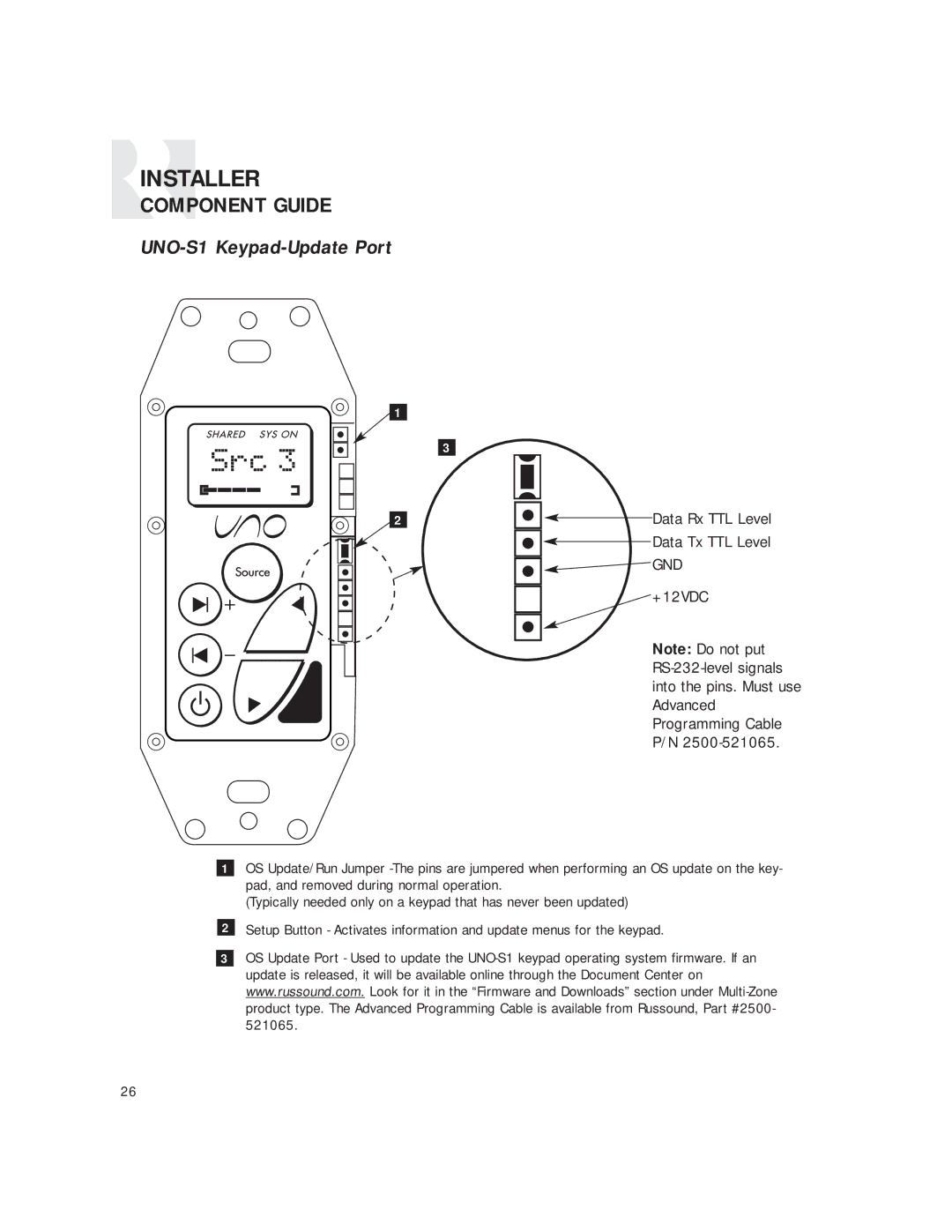 Russound CAM6.6T-S1 instruction manual Src, UNO-S1 Keypad-Update Port 