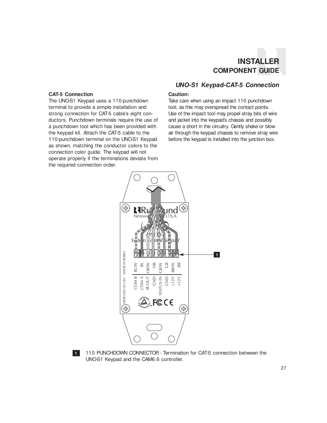 Russound CAM6.6T-S1 instruction manual UNO-S1 Keypad-CAT-5 Connection 