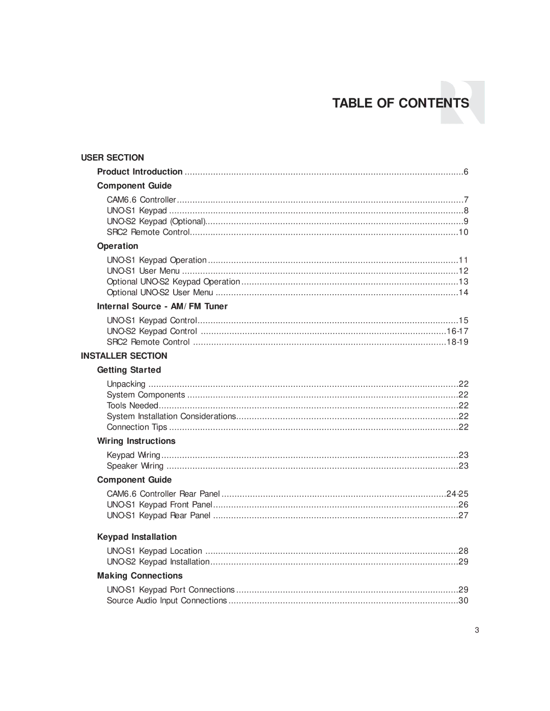 Russound CAM6.6T-S1 instruction manual Table of Contents 