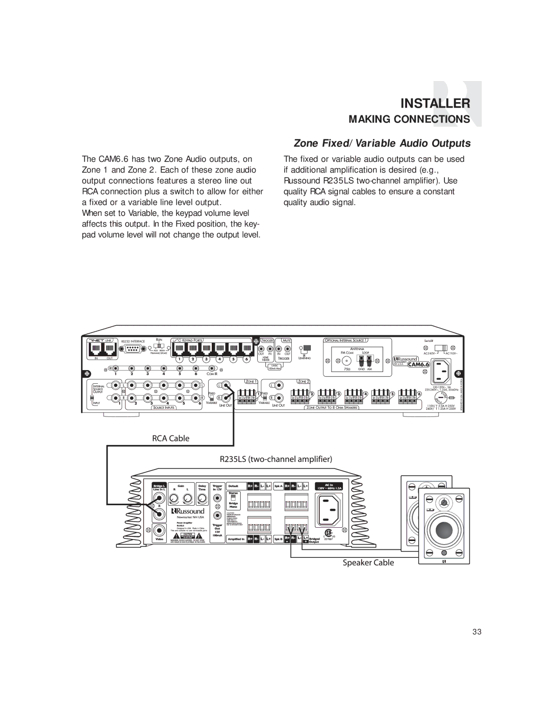 Russound CAM6.6T-S1 instruction manual Zone Fixed/Variable Audio Outputs 