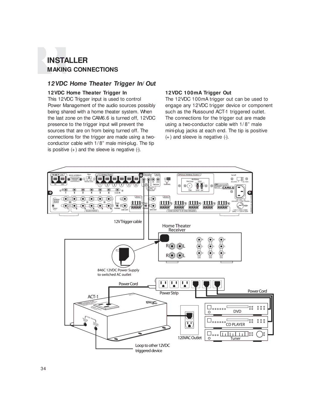 Russound CAM6.6T-S1 instruction manual 12VDC Home Theater Trigger In/Out, 12VDC 100mA Trigger Out 