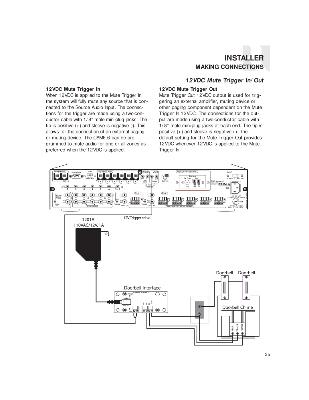 Russound CAM6.6T-S1 instruction manual 12VDC Mute Trigger In/Out, 12VDC Mute Trigger Out 