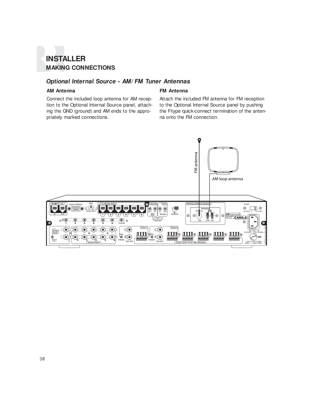 Russound CAM6.6T-S1 instruction manual Optional Internal Source AM/FM Tuner Antennas, AM Antenna, FM Antenna 