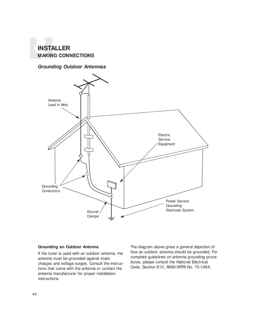 Russound CAM6.6T-S1 instruction manual Grounding Outdoor Antennas, Grounding an Outdoor Antenna 