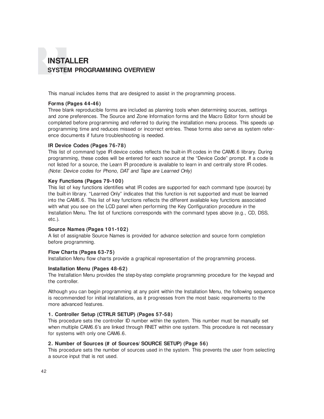 Russound CAM6.6T-S1 Forms Pages, IR Device Codes Pages, Key Functions Pages, Source Names Pages, Flow Charts Pages 