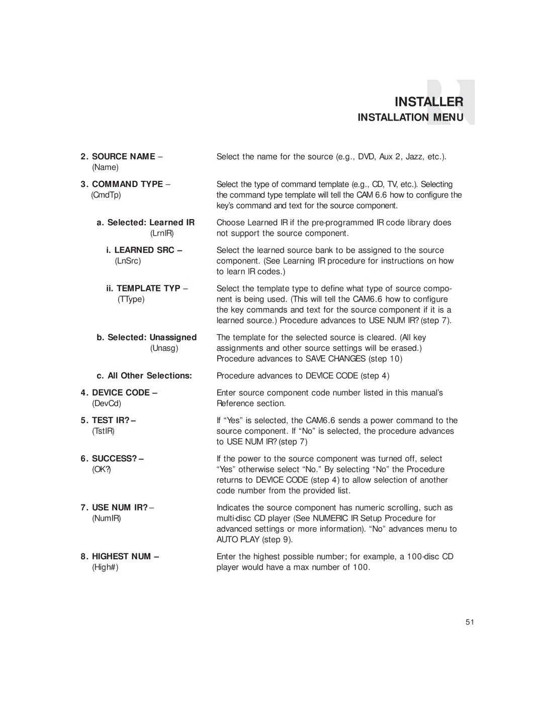 Russound CAM6.6T-S1 instruction manual Source Name, Command Type, Device Code, Success?, Highest NUM 