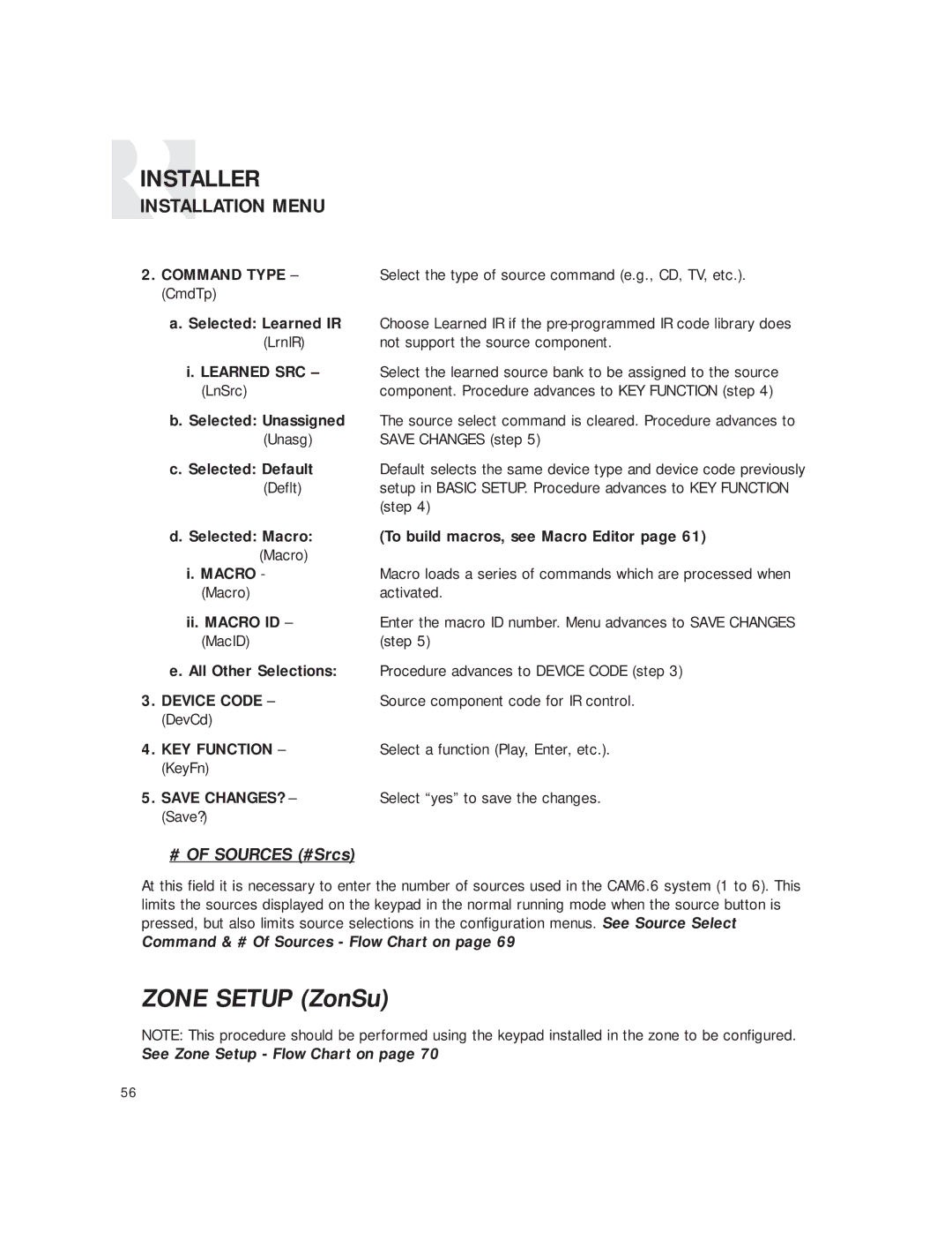 Russound CAM6.6T-S1 instruction manual Zone Setup ZonSu 