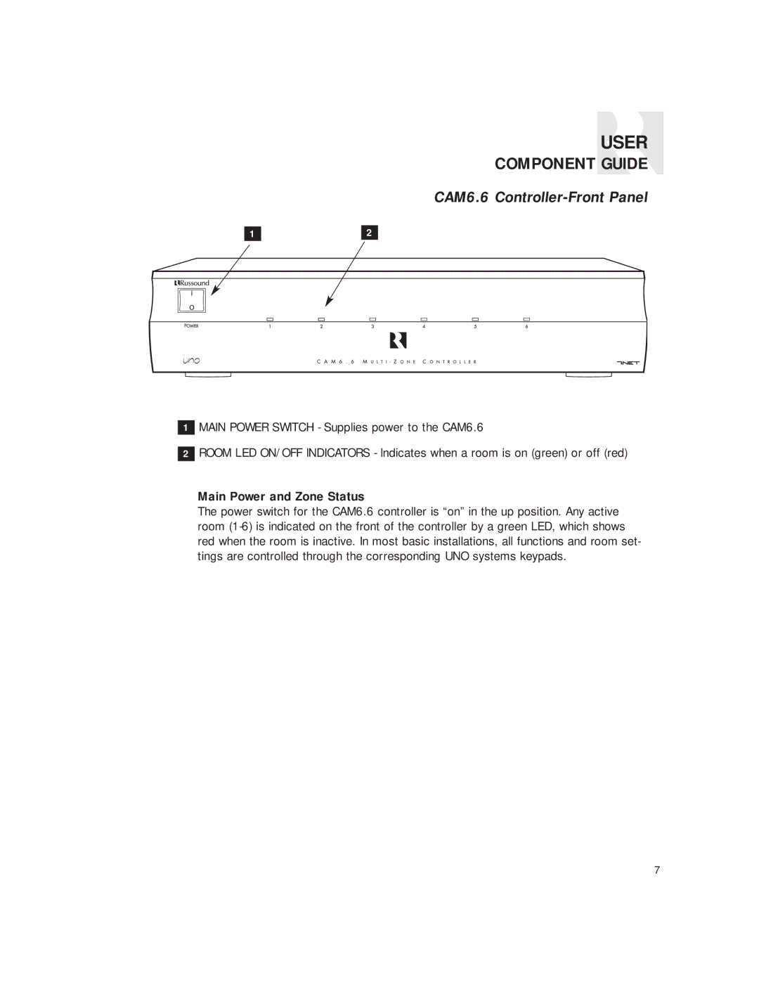 Russound CAM6.6T-S1 instruction manual Component Guide, CAM6.6 Controller-Front Panel, Main Power and Zone Status 