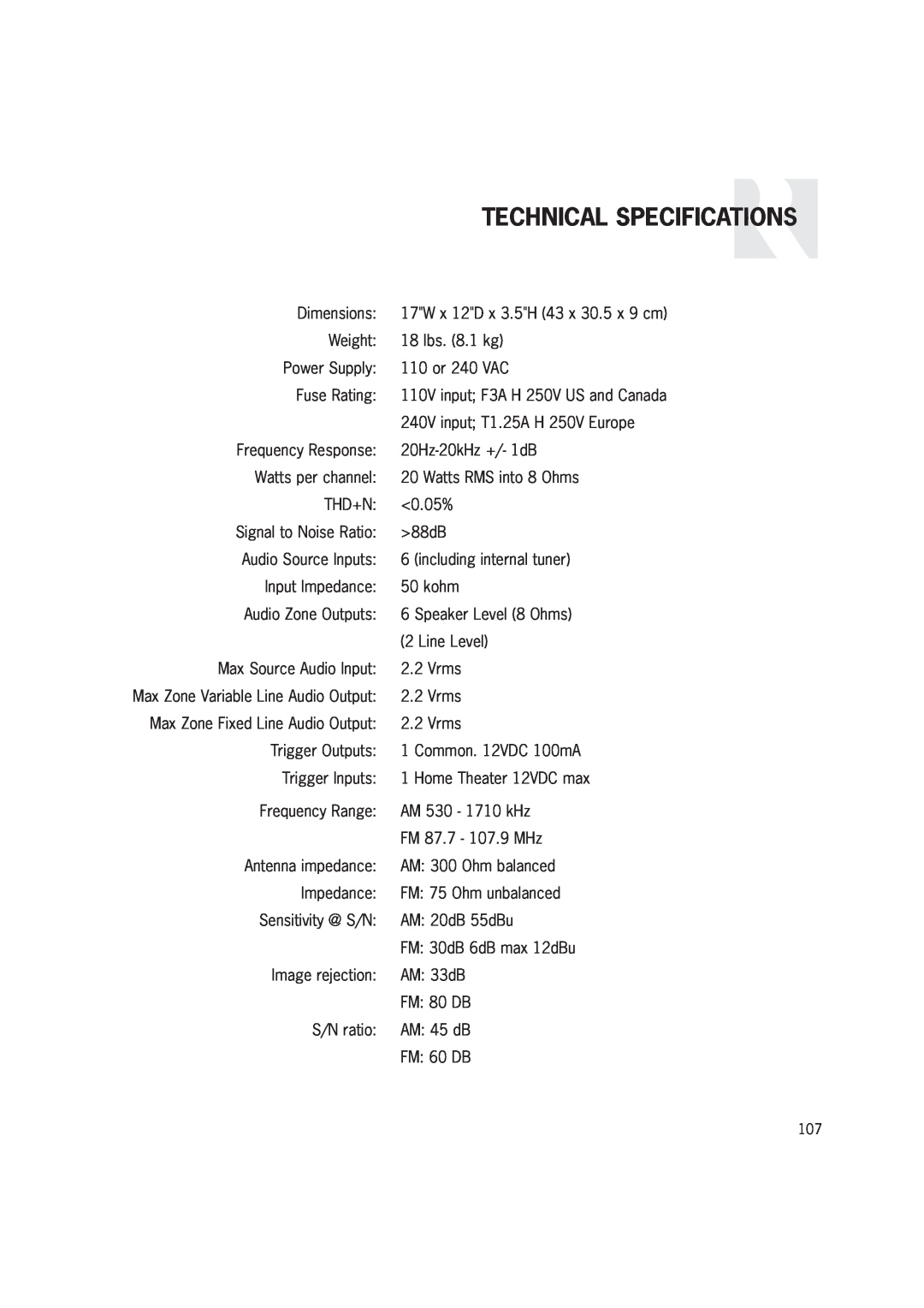 Russound CAM6.6T-S1 instruction manual Technical Specifications 