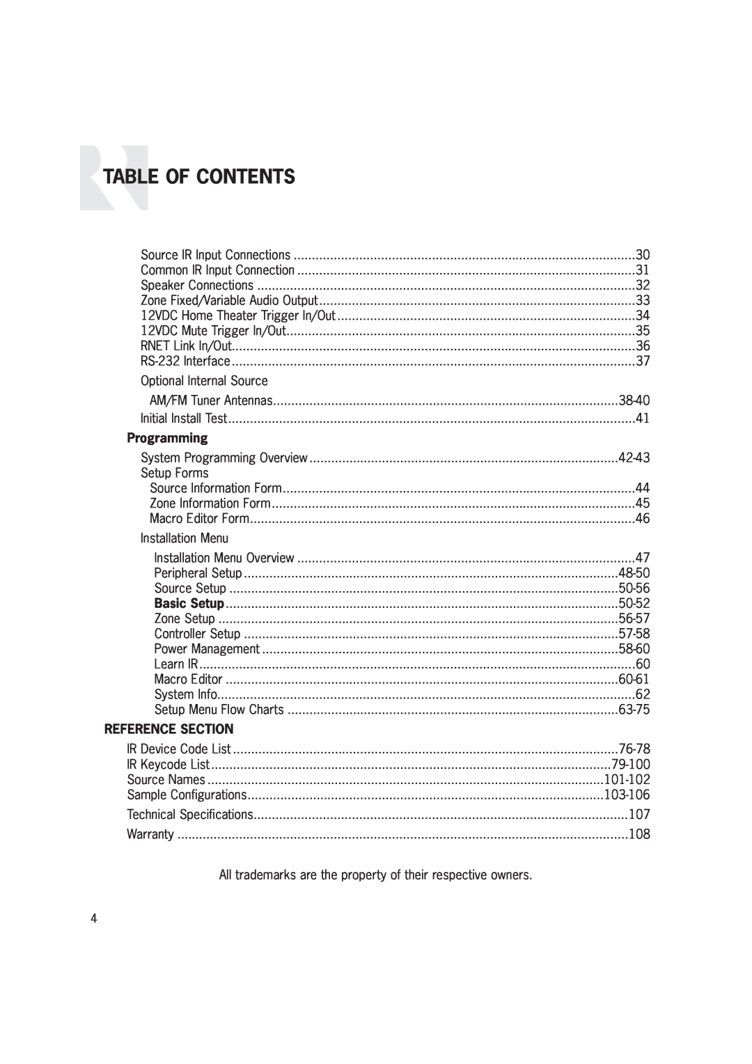 Russound CAM6.6T-S1 instruction manual Table Of Contents, Programming, Reference Section 