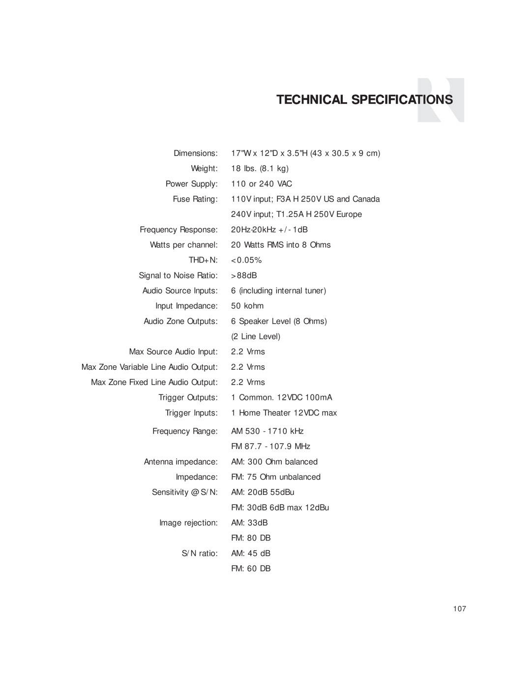 Russound CAM6.6T-S1 instruction manual Technical Specifications 