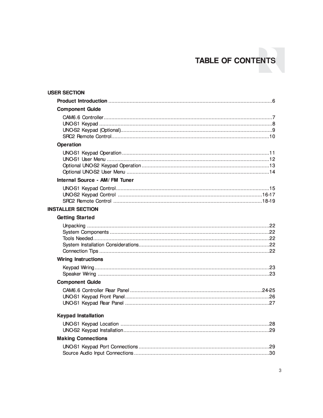 Russound CAM6.6T-S1 instruction manual Table Of Contents 