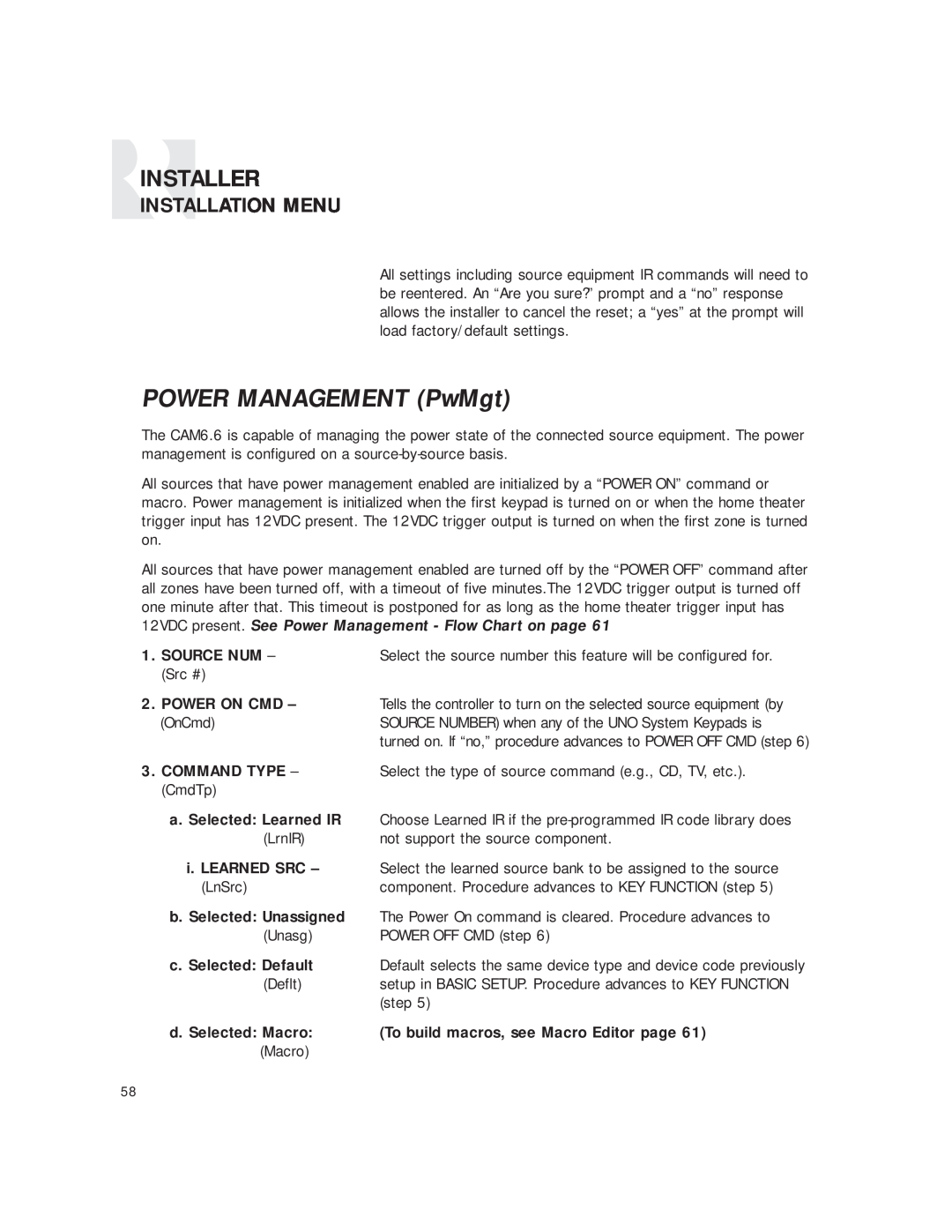 Russound CAM6.6T-S1 instruction manual POWER MANAGEMENT PwMgt, Installation Menu, Installer 